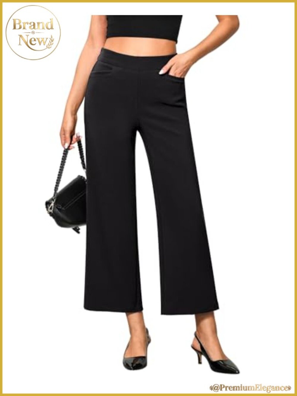 High Waisted Wide Leg Cropped Pants Business Casual Pull On Stretch Trousers